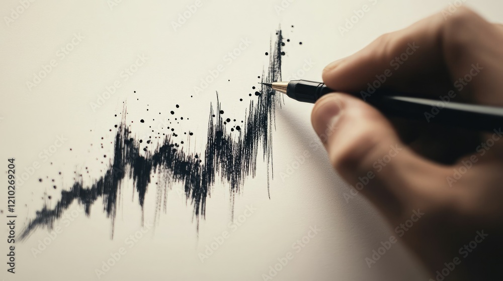 Poster stylized hand sketching a sharp upward candlestick graph on a minimalist white background, represent