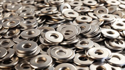 Obraz premium A large quantity of metallic washers, precisely manufactured, displayed in a dense arrangement, showcasing their uniform shape and reflective surface