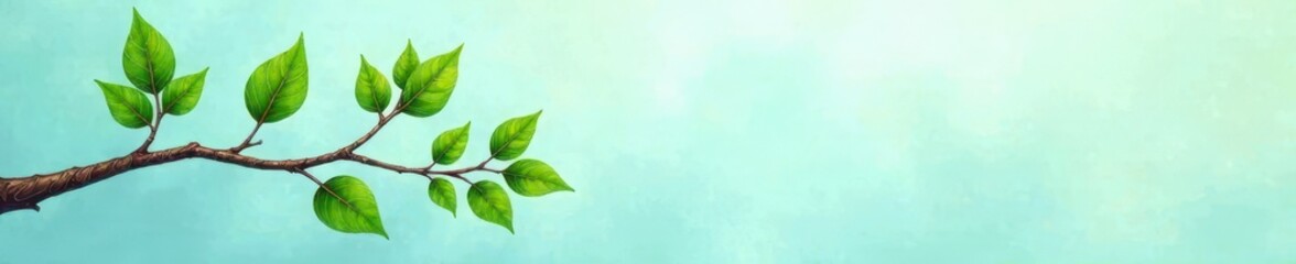 Whimsical painted branch with greenery on pale blue hue, painting, leaves