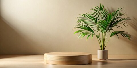 Minimalist wooden display platform with a potted leafy plant against a neutral backdrop