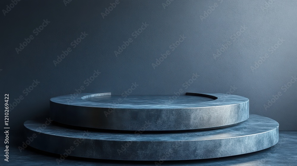 Poster a minimalist display podium with two circular tiers against a dark background.