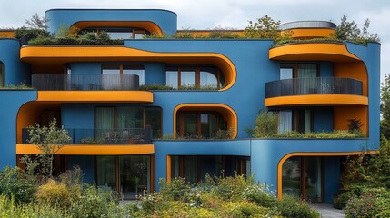 Modern Blue and Orange Apartment Building Exterior with Balconies and Lush Greenery