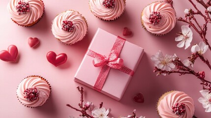 Fototapeta premium Sweet and romantic Valentine's Day setup with cupcakes and a gift box, perfect for a greeting card or social media post. Top view.