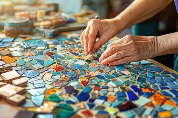 Hands creating colorful mosaic art with tiles of various shapes and sizes