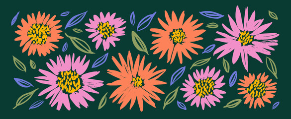 Brush drawn multi colored chrysanthemum or aster flowers icons. Dry brush style floral motives, sunflower heads with tiny leaves.