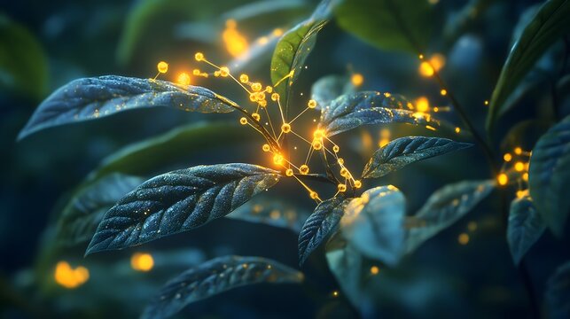 Glowing molecular particles in intricate organic textures symbolizing the power and essence of plant based vitamins and the vibrancy of natural health and energy  This conceptual