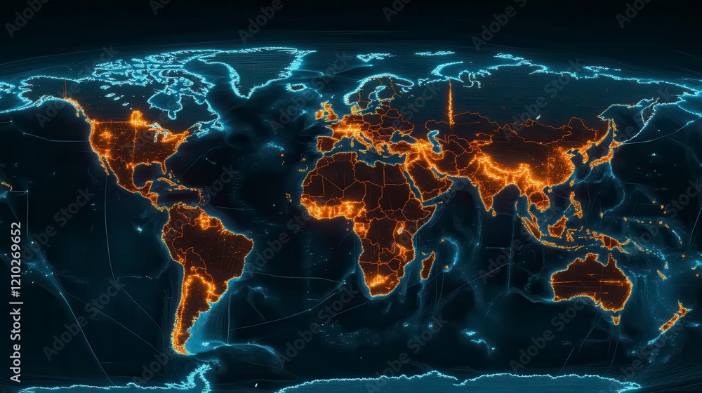 Poster global network connections illuminated world map showing international data flow and connectivity