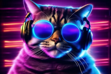 A cat with fashionable glasses, headphones and neon lights