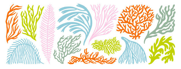 Aquarium, ocean and undersea seaweeds and corals icon set. Hand drawn minimal style branches and sea plants. Naive shapes curly seaweeds. Pastel colored kid style underwater plants. Funky fronds. © Anastasiia Hevko