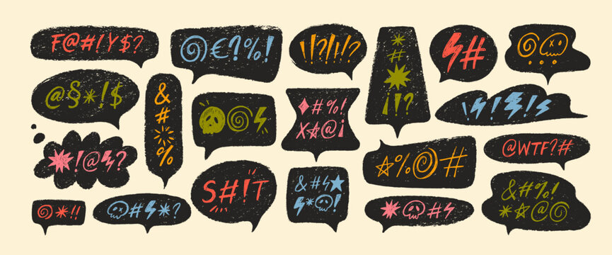 Crayon drawn punk style speech bubbles with abstract swear words.
