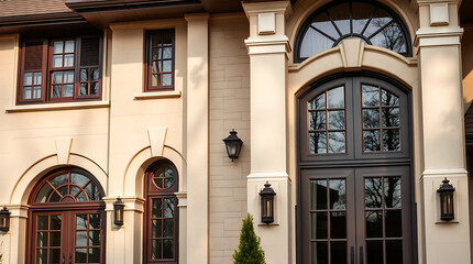 Fototapeta premium Elegant Home Exterior with Classic Design and Grand Entrance. This luxury house features beautiful stone facade, arched windows and doors, and elegant columns.