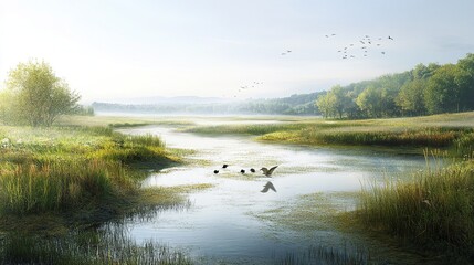Naklejka premium A river running through a wetland, filled with various bird species in their natural habitat.