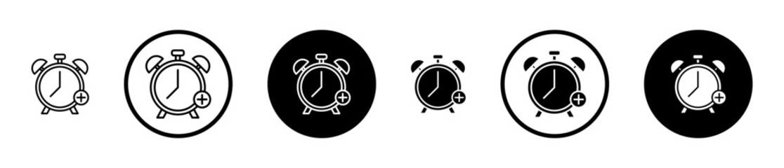 Alarm plus icon set in black filled and stroke line style.