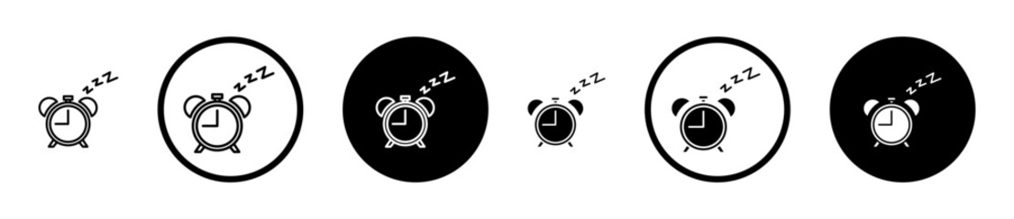 Alarm snooze icon set in black filled and stroke line style.
