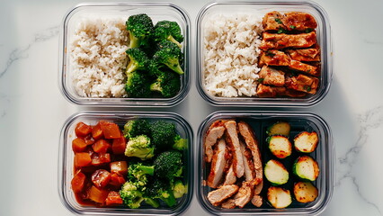 Meal prep for the day, healthy and balance diet, meat vegetable and rice, protein carbohydrate fibre and vitamin, workout meal in container - obrazy, fototapety, plakaty