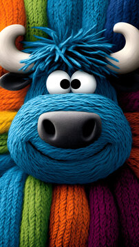Fr&ouml;hlicher blauer Wollstier mit gro&szlig;en Augen vor buntem gestricktem Hintergrund in kreativer Textilkunst  
