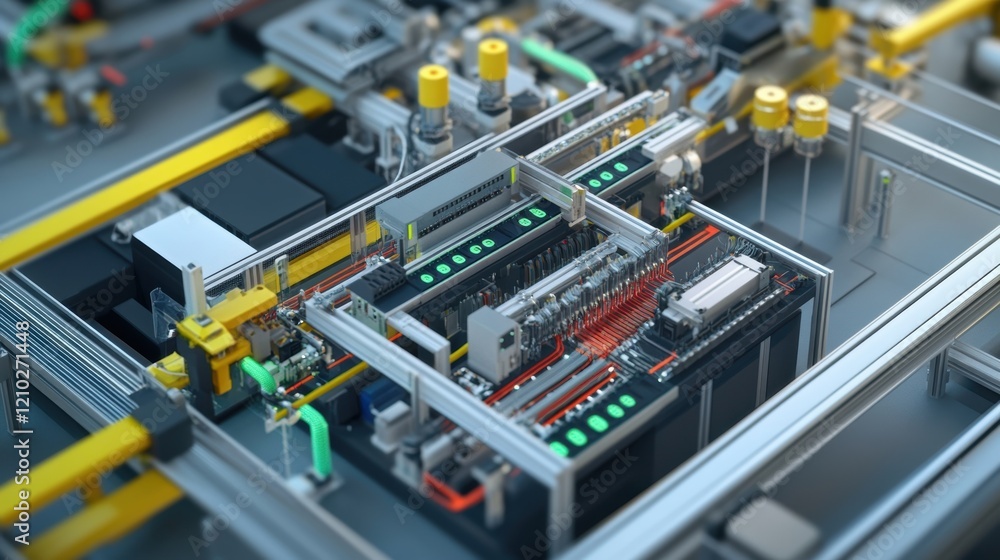 Poster complex network of robotic arms. conveyor belts. and electronic components working seamlessly to ass