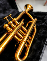 Obraz premium Old golden trumpet in a black fur case close-up. Beautiful vintage shiny brass jazz musical instrument, Colored gel lighting, with white tones