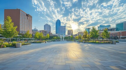 Vibrant city square with open space and a stunning skyline of modern buildings in the background, bathed in natural light.