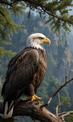 Obraz premium Bald eagle perched on a tree branch with its nictitating eyelid slightly visible, gazing out at the surrounding landscape, nictitating eyelid, perched, forest