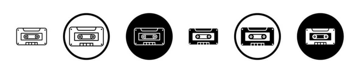 Cassette tape icon set in black filled and stroke line style.