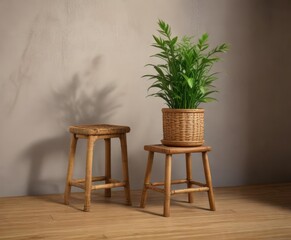 Bamboo wicker frame holding a small potted plant on a wooden stool, potted plant, woven wicker