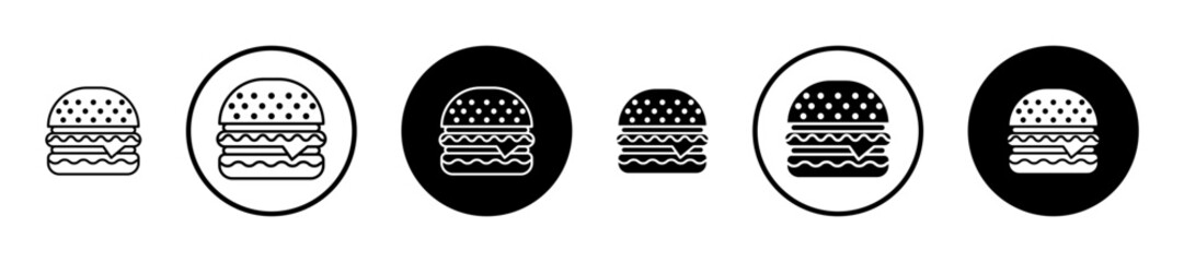 Cheese burger icon set in black filled and stroke line style.