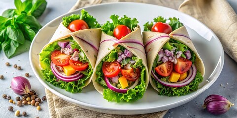Three appetizing vegetarian wraps filled with fresh lettuce, tomatoes, red onion, and cheese, served on a white plate