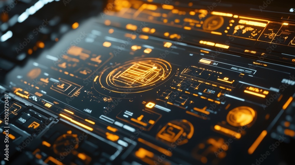 Poster futuristic orange and blue glowing interface displaying complex data analysis, processing informatio