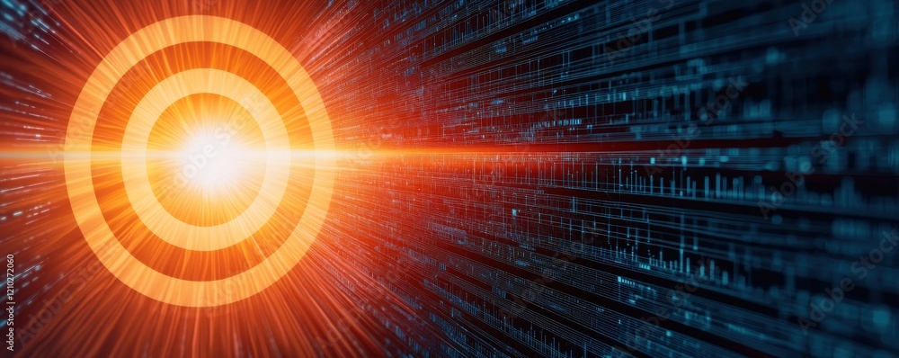 Poster a vibrant burst of light radiates from a circular pattern against a backdrop of digital data, symbol