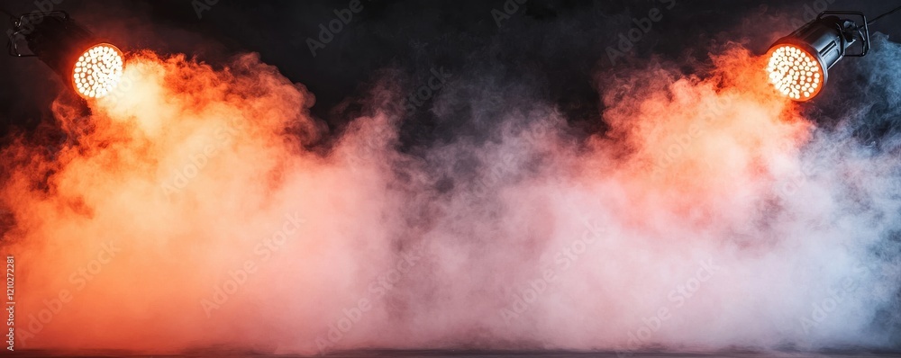 Poster a dramatic scene with fog and colorful lights, creating an atmospheric and dynamic backdrop.