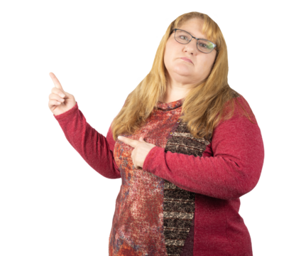 Confident Woman Pointing in Two Directions with a Serious Look