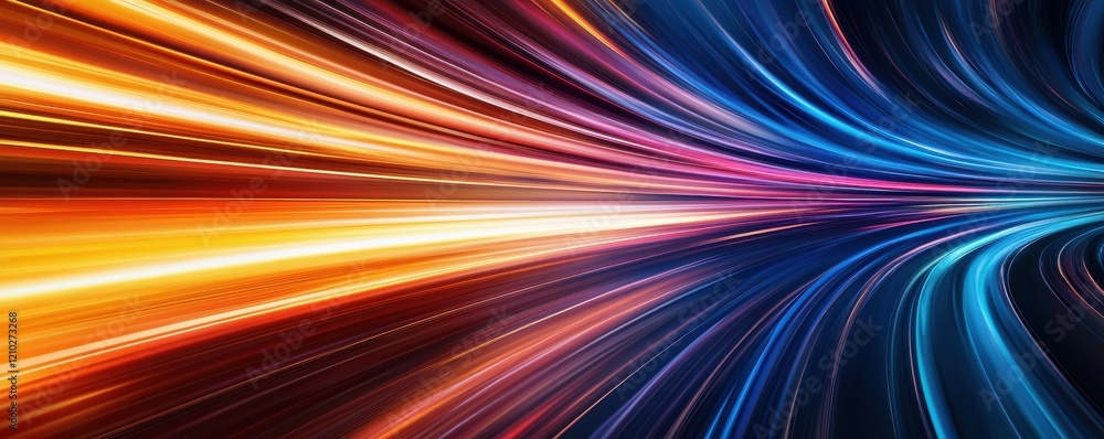 Poster a vibrant abstract image showcasing dynamic lines of light in orange, blue, and purple, creating a s