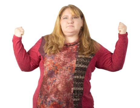 Strong Woman Flexing Both Arms with a Determined Expression