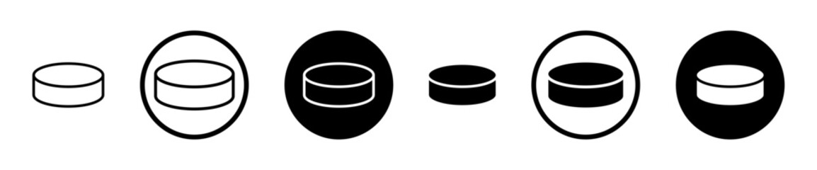 Hockey puck icon set in black filled and stroke line style.