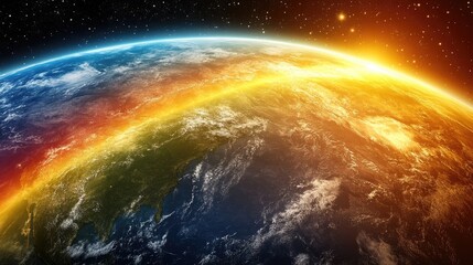 Obraz premium A futuristic view of a distant exoplanet with a colorful atmosphere and moons orbiting nearby.