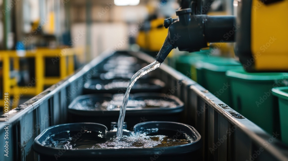 Poster automated machinery pouring liquid into containers on an assembly line in a factory, representing in