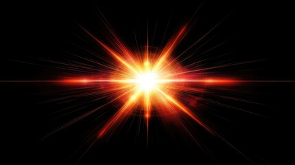 A dramatic lens flare with radiant light rays glowing on a deep black background, perfect for design and visual effects.