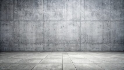 Empty room with a large concrete wall and tiled floor.  A minimalist interior design background