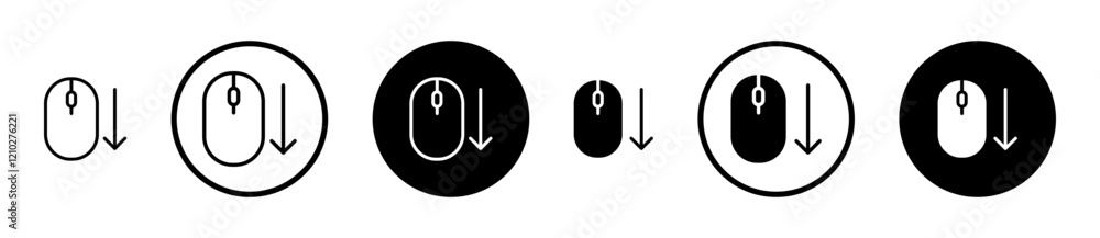 Aufkleber scroll down computer mouse icon set in black filled and stroke line style.