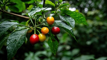 A close-up of ripe chili peppers on a branch with colorful fruits contrasting against lush green foliage.