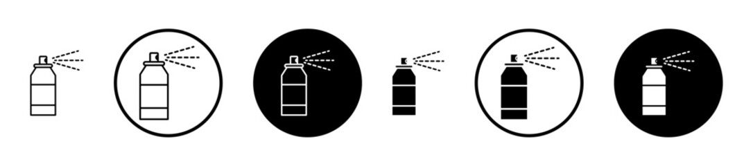 Spray can icon set in black filled and stroke line style.