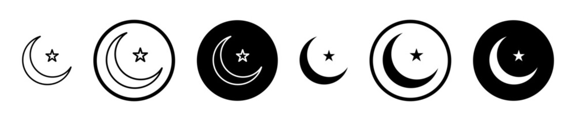 Star and crescent icon set in black filled and stroke line style.
