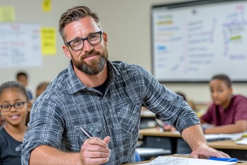 Educator assisting students in a vibrant classroom setting during a group activity on a weekday afternoon