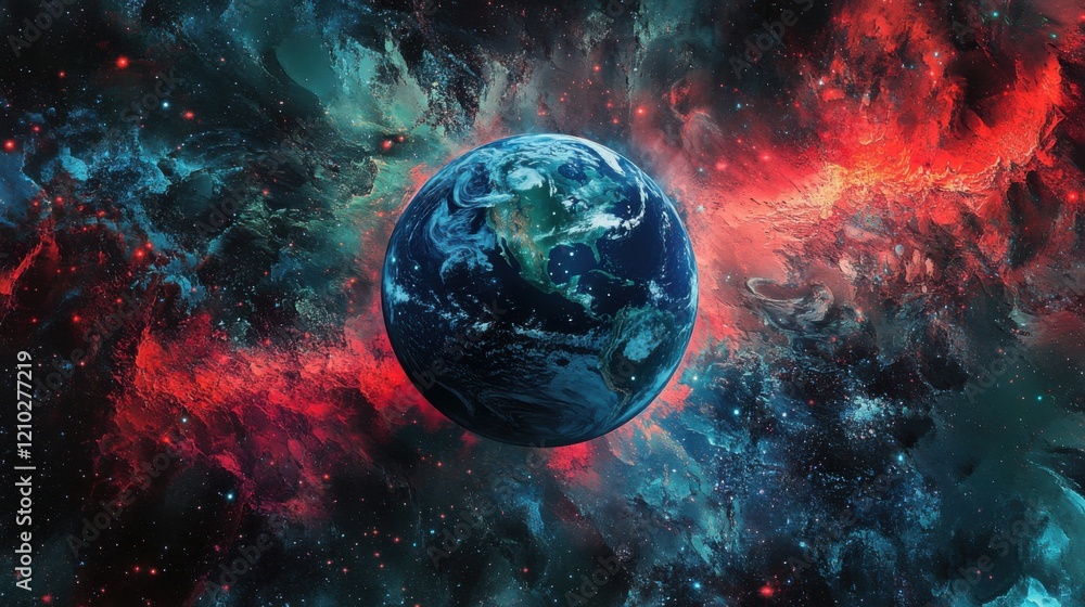 Poster a planet with a red nebula in the background