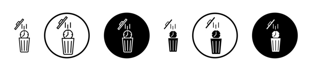 Time waste icon set in black filled and stroke line style.