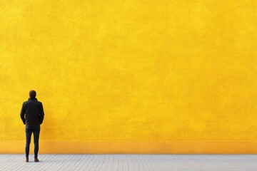 Obraz premium Man stands contemplatively in front of a vibrant yellow wall in an urban setting during daylight hours