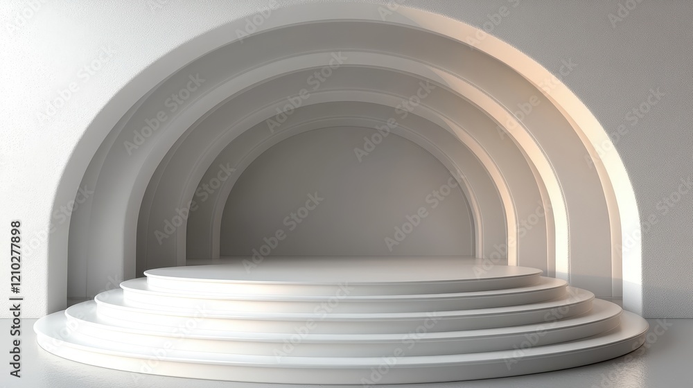 Poster a minimalist stage design with layered arches and circular platforms.