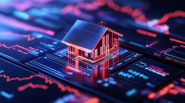 A glowing 3D house rendering displayed on a high-tech dashboard analyzing real estate market trends and data.