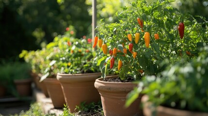A cozy home garden corner with clay pots filled with chili pepper plants bearing colorful fruits.